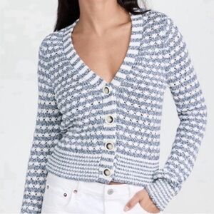 Veronica Beard Artura Open Weave Navy Blue White Striped Cardigan XL